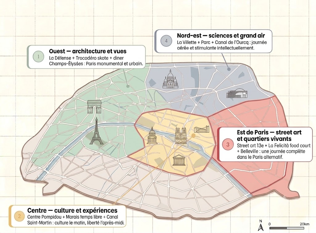 Carte illustrée des secteurs de Paris pour organiser une journée avec des ados