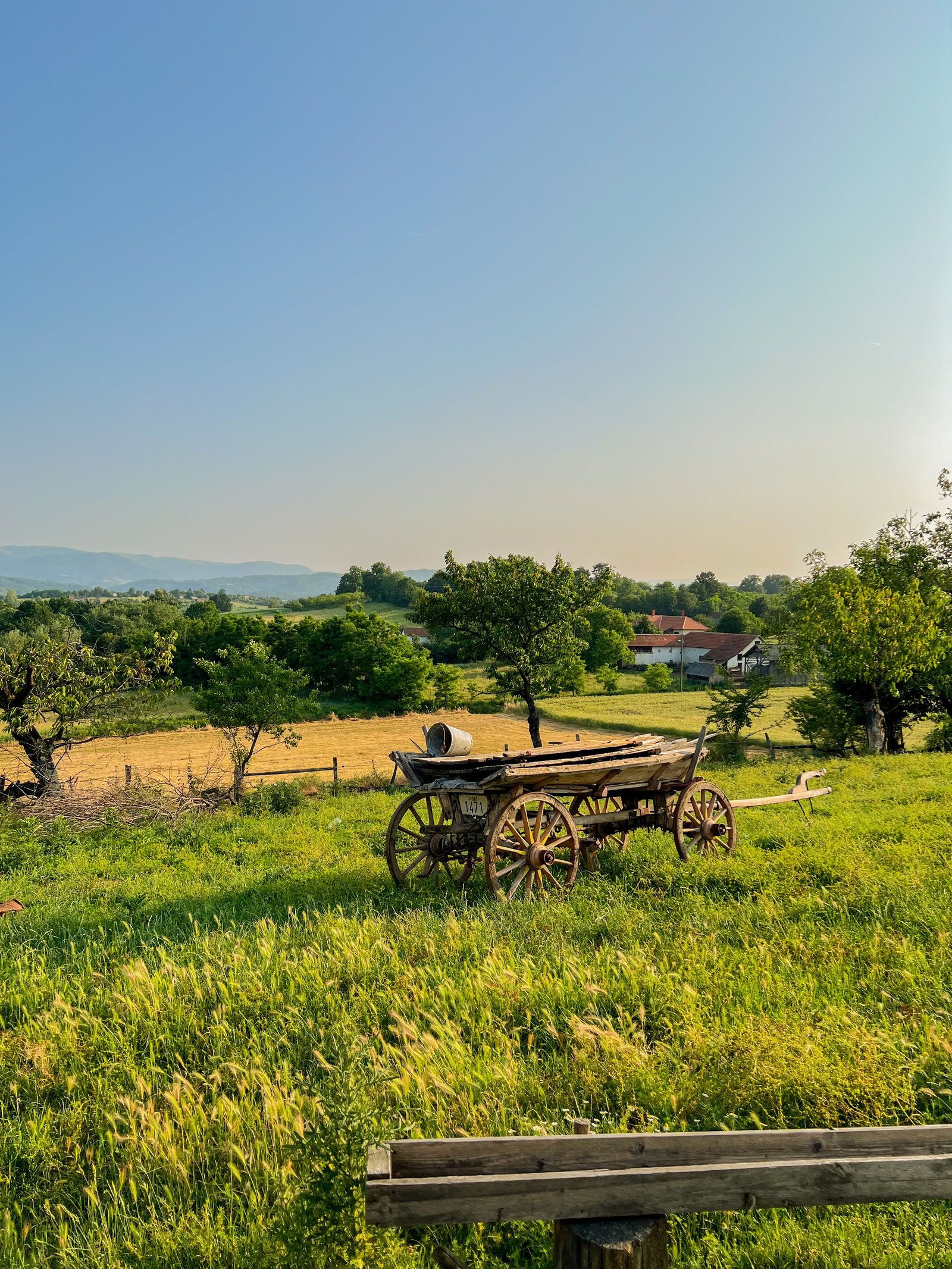 Paysage de campagne verdoyant avec champs, vergers et ancienne charrette