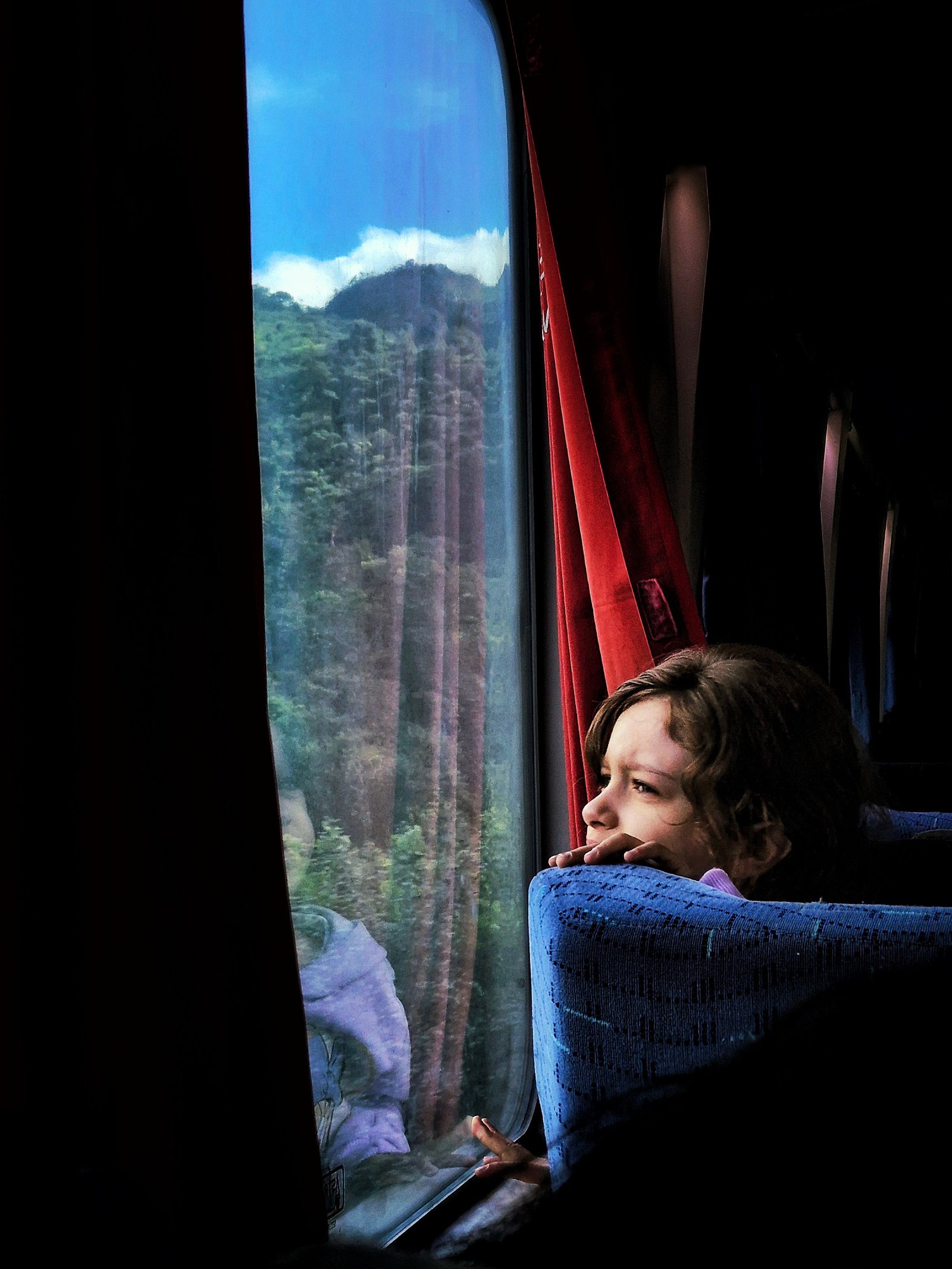 Enfant observant le paysage depuis la fenêtre du train