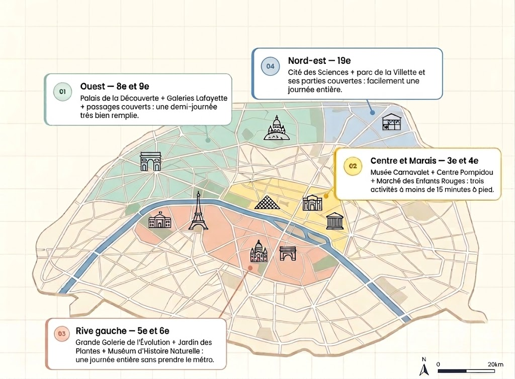 Carte illustrée de Paris par zones pour organiser une journée pluvieuse en famille