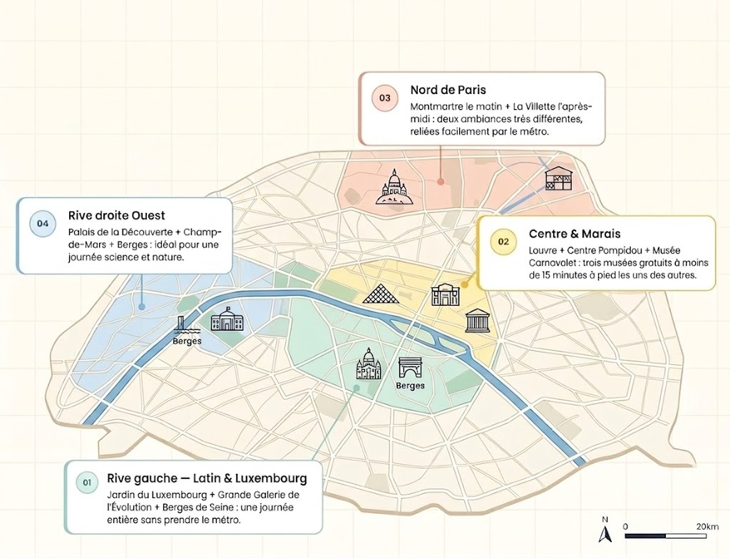 Carte illustrée de Paris par zones pour organiser une journée gratuite en famille