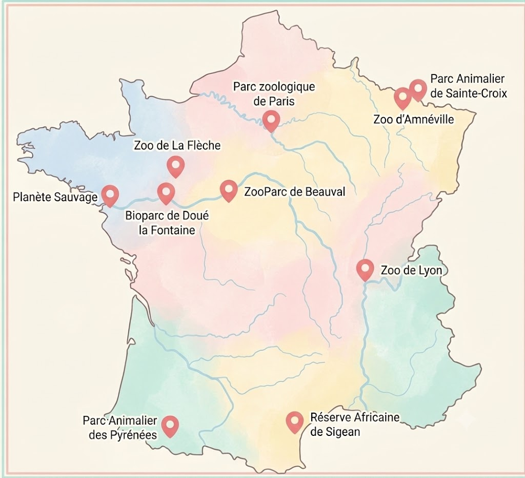 Carte illustrée des 10 plus beaux zoos de France